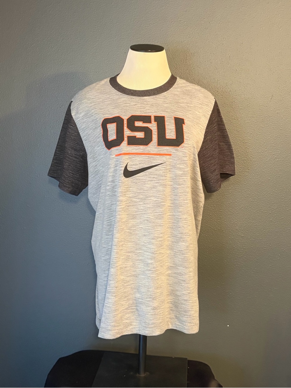 Nike OSU Heather Gray Tee with Charcoal Sleeves and Orange Accents